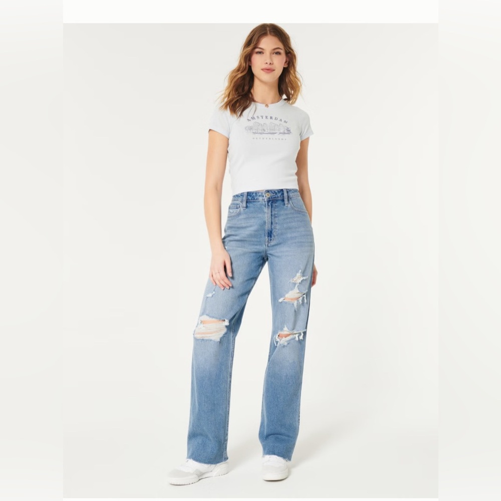 Hollister Women's Light Blue Ripped Jeans Dad Jeans High Rise 14 15